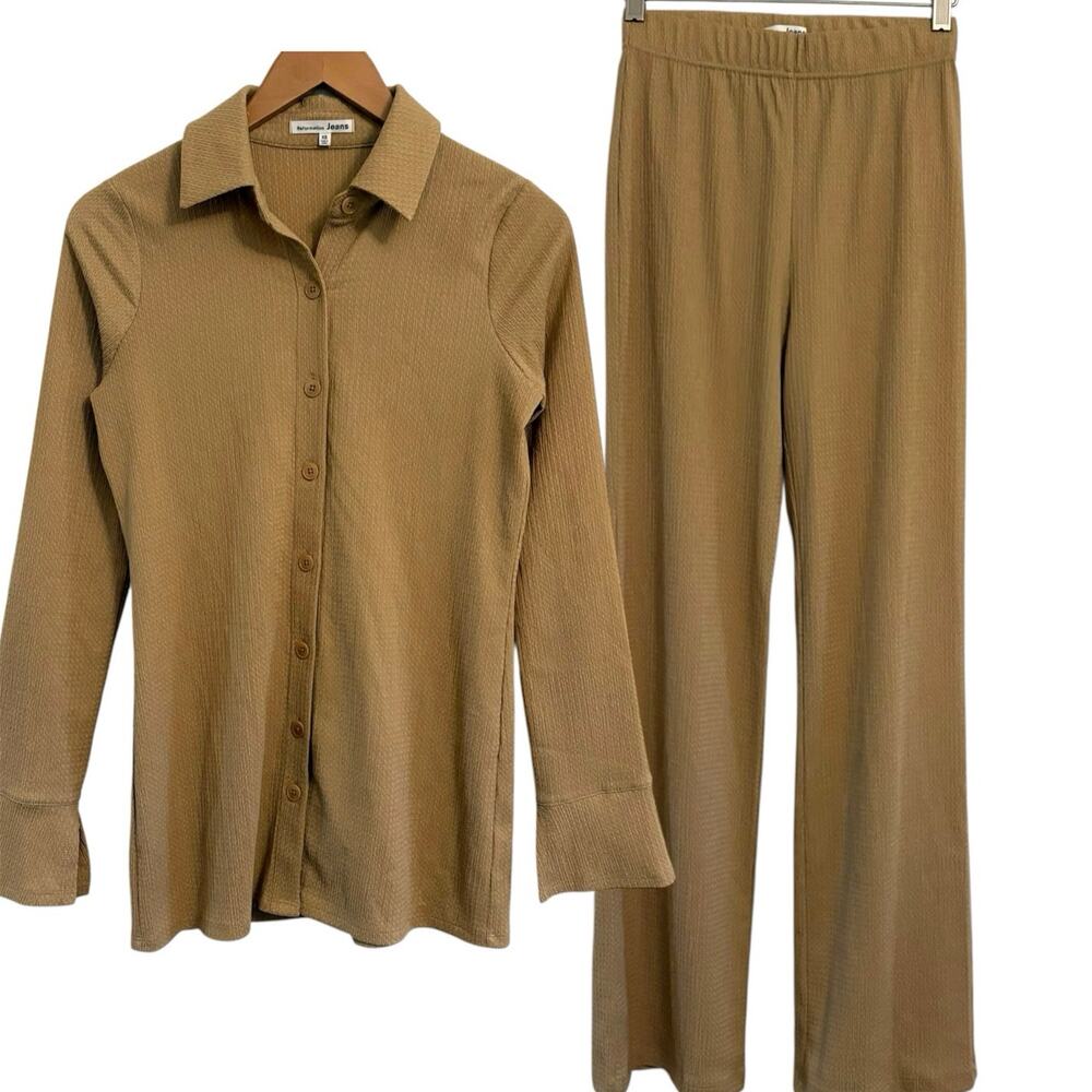 Reformation Button Down Textured Long Sleeve Top Pant Set XS Lounge Minimalist